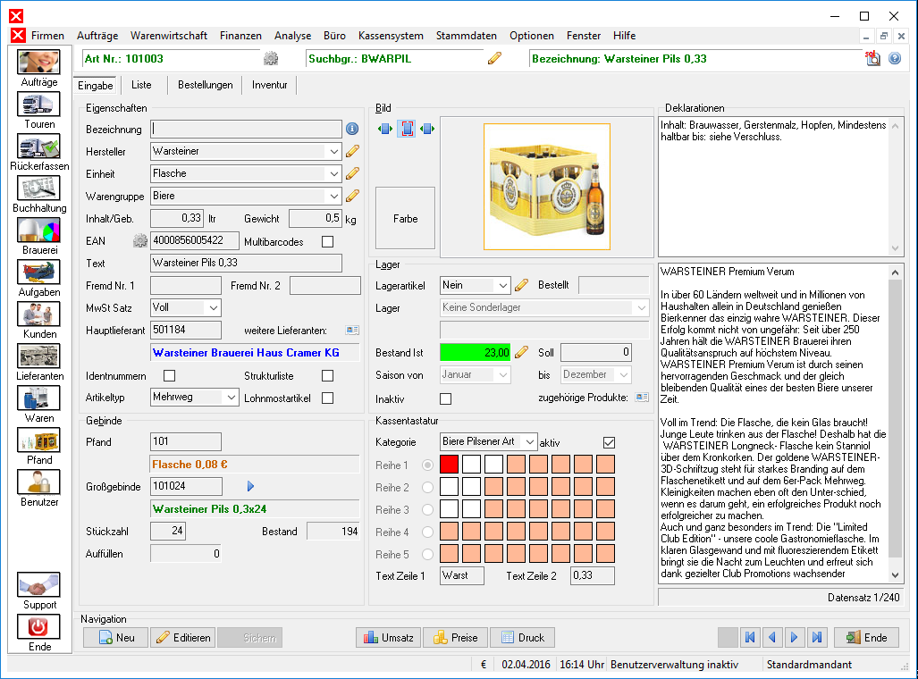 Warenstamm - Getränke Software und Kasse